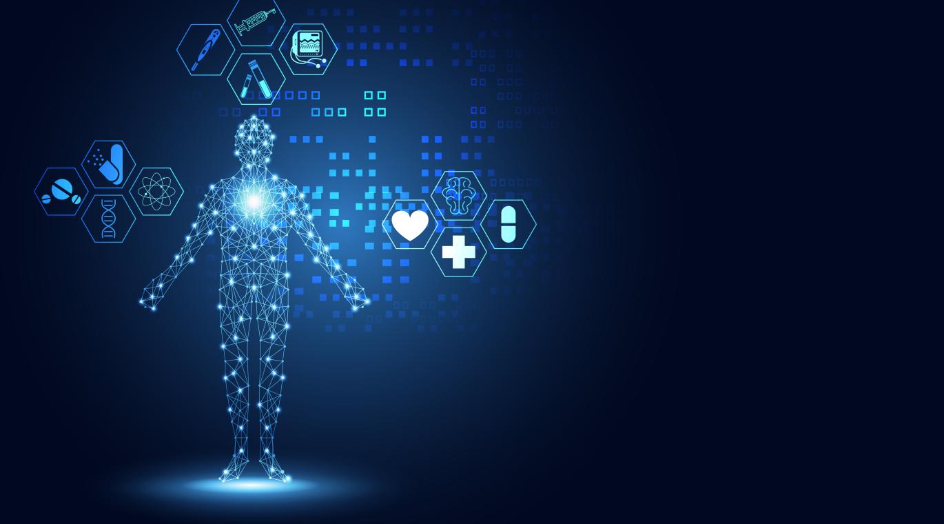 Abstract technology digital health medical concept human digital medical symbol on hi tech blue healthcare pharmacy on gradient square