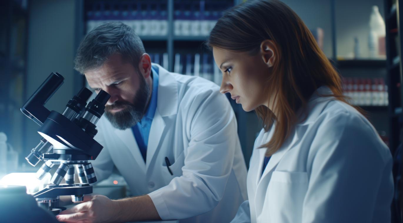 two physicians looking through microscope