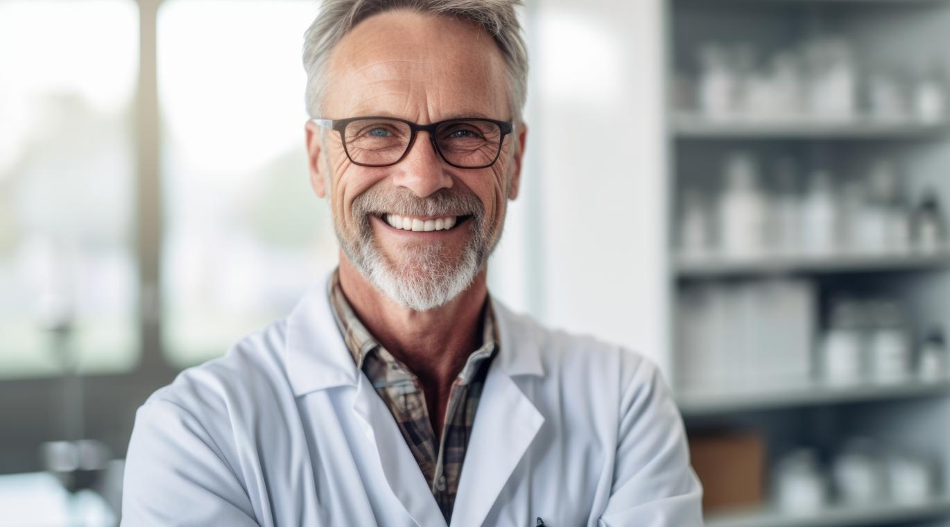 male physician with hands over his chest in a lab