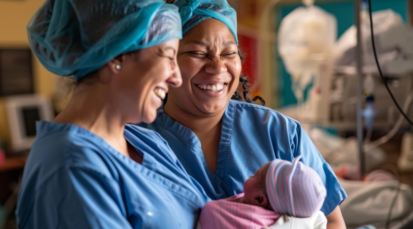 Two midwives stand side by side beaming with pride as they watch a mother cradle her newborn baby their shared passion for safe births