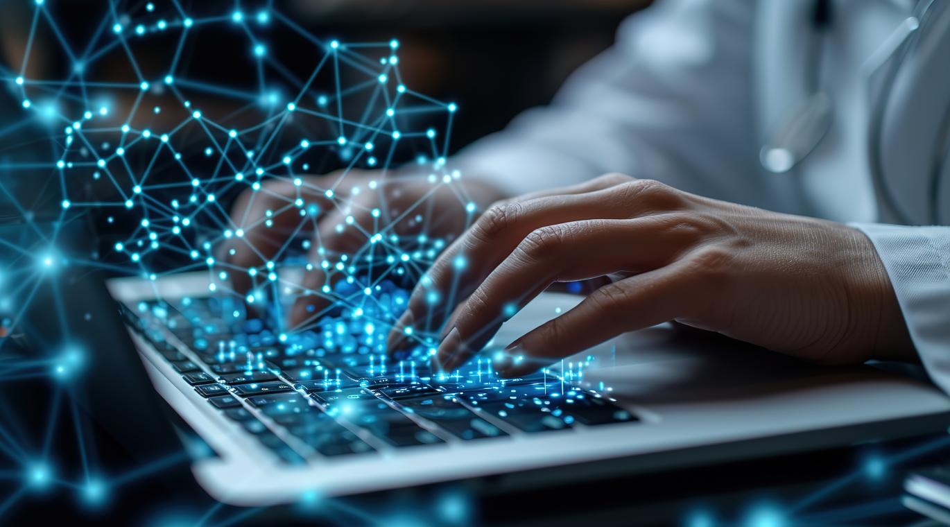 Physician typing on laptop with digital DNA across the photo