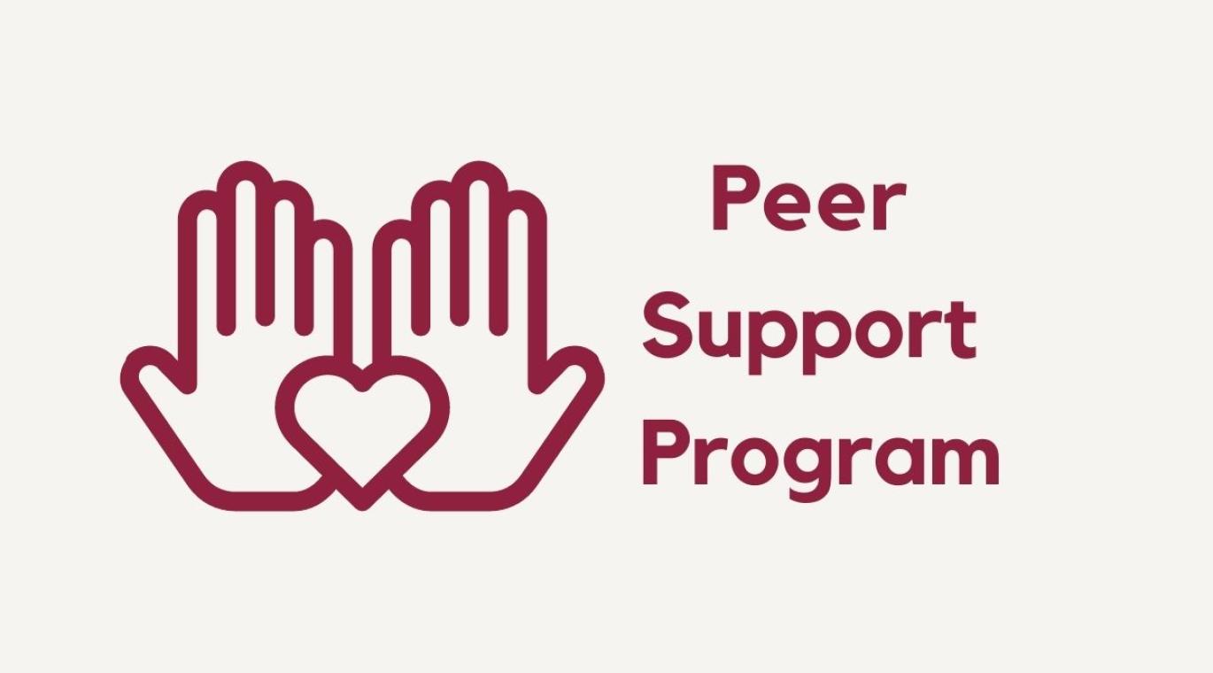 two hands holding a heart, text "Peer Support Program"