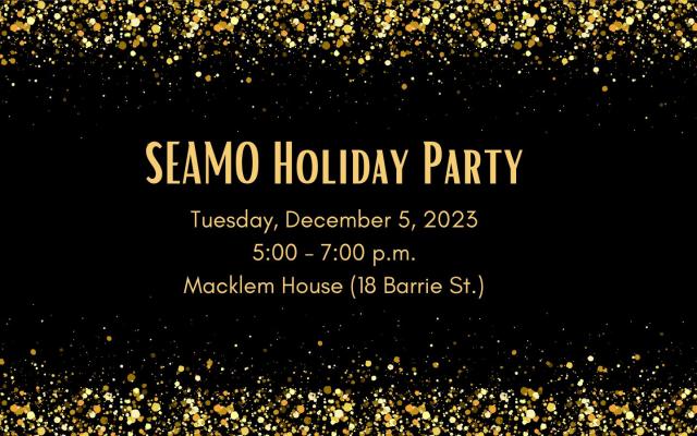 graphic with black background and words "SEAMO Holiday Party"