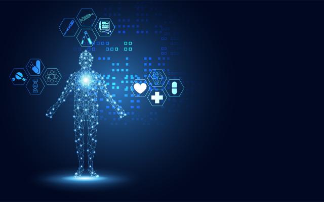 Abstract technology digital health medical concept human digital medical symbol on hi tech blue healthcare pharmacy on gradient square