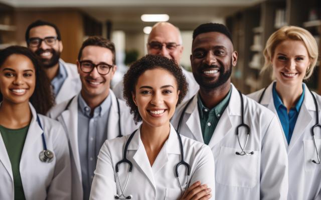 A group of doctors of different nationalities and genders looks at the camera while standing