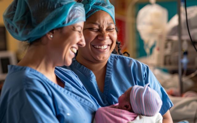 Two midwives stand side by side beaming with pride as they watch a mother cradle her newborn baby their shared passion for safe births