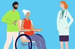person pushing someone in a wheelchair talking to a doctor