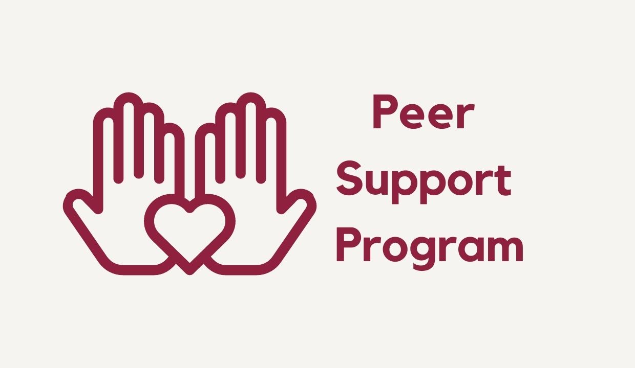 two hands holding a heart, text "Peer Support Program"