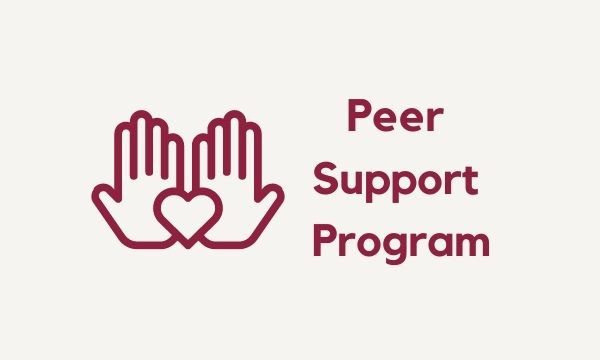 two hands holding a heart, text "Peer Support Program"